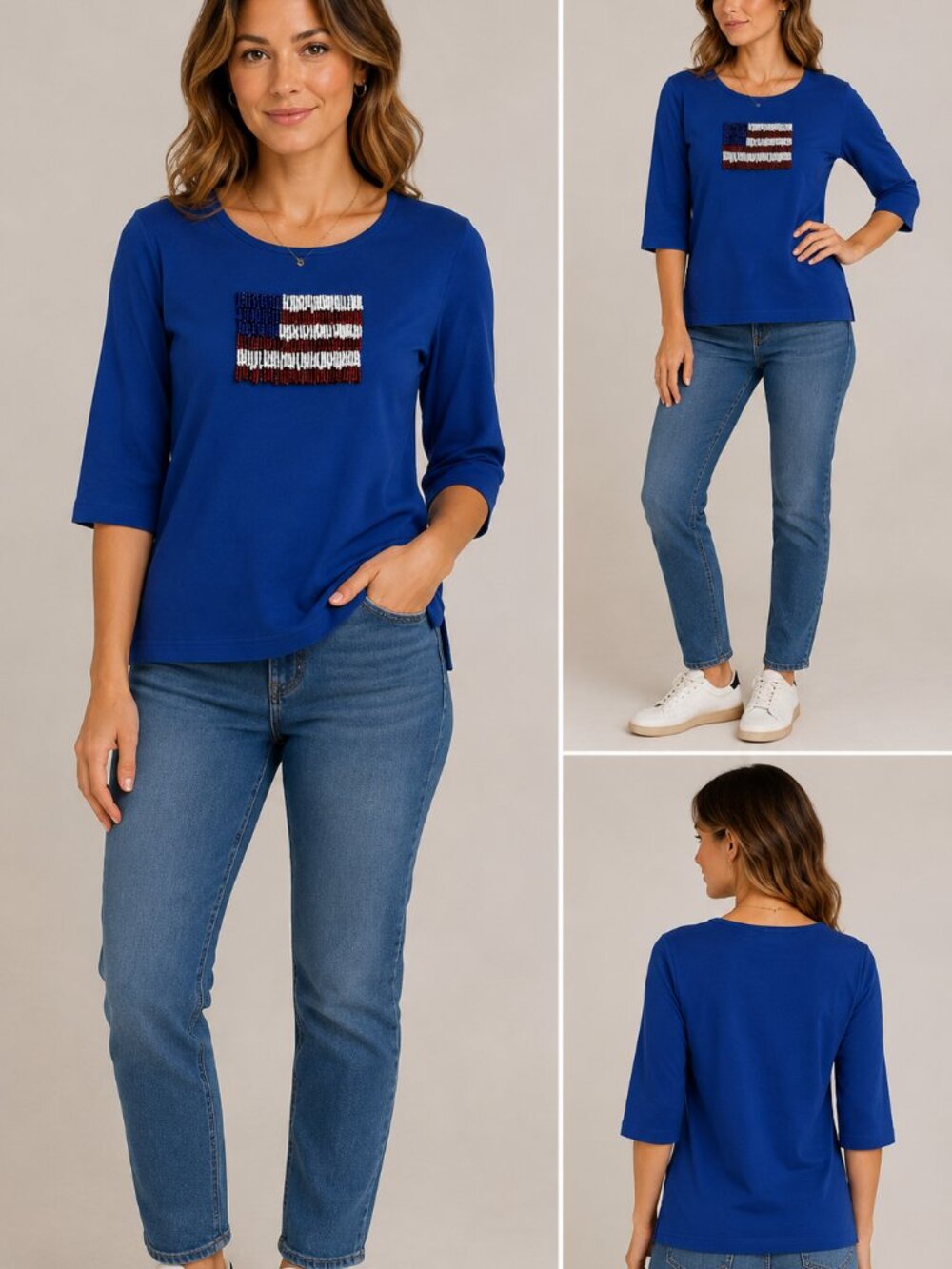 Quacker Factory Royal Blue Top with Beaded Flag size medium